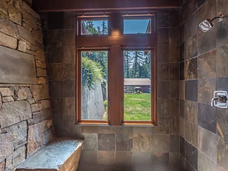 Artistic stacked rock showers in pavilion dressing rooms